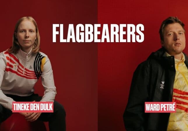 Tineke den Dulk en Ward Pétré dragen na shorttrackbrons Belgische vlag op slotceremonie